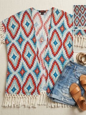 Boho Fringe Tunic Kimono Southwestern Large Red Teal